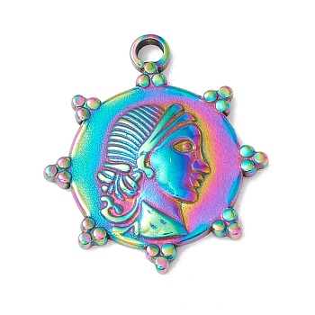 Ion Plating(IP) 304 Stainless Steel Pendants, Flower with Human, Rainbow Color, 23x20x2.5mm, Hole: 2mm