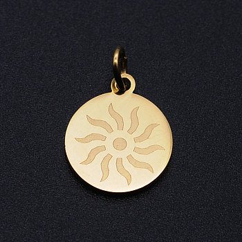 201 Stainless Steel Charms, with Jump Rings, Flat Round with Sun, Golden, 14.5x12x1mm, Hole: 3mm