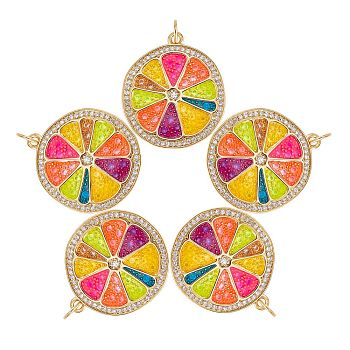 5Pcs Eco-Friendly Brass Micro Pave Cubic Zirconia with Enamel Pendants, Long-Lasting Plated, Lead Free & Cadmium Free & Nickel Free, Real 18K Gold Plated, Flat Round, Colorful, 25x22x2mm, Jump Ring: 5x0.5mm, 3mm Inner Diameter
