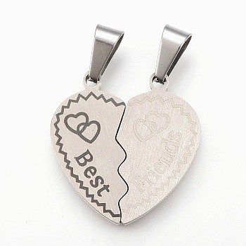 304 Stainless Steel Split Pendants, Heart with Word Best Friends, Stainless Steel Color, 27.5x26.5x2.5mm, Hole: 5x10mm