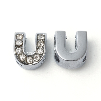 Platinum Color Letter U Alloy Rhinestone Initial Slide Charms, about 9mm wide, 10mm long, 6.5mm thick, hole: 3.5x7mm