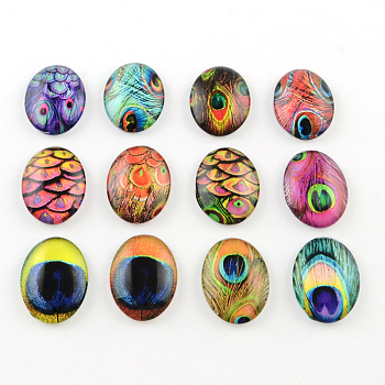 Peacock Feathers Pattern Glass Oval Flatback Cabochons for DIY Projects, Mixed Color, 25x18x5mm