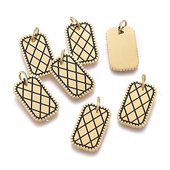 316 Surgical Stainless Steel Pendants, with Jump Rings and Enamel, Rectangle, Black, Golden, 16x9.5x0.8mm, Hole: 3.6mm