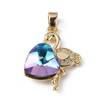 Real 18K Gold Plated Rack Plating Brass Micro Pave Clear Cubic Zirconia Pendants, with Glass, Long-Lasting Plated, Cadmium Free & Lead Free, Flamingo with Heart Charm, Medium Purple, 24x19x8mm, Hole: 3.5x5mm