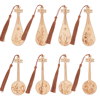 8Pcs 8 Style Ancient Style Bamboo Bookmarks, Musical Instrument, Bisque, 120x39~43x2mm, 1pc/style