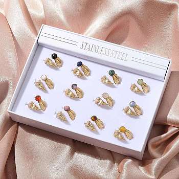 Round Natural Mixed Stone Finger Rings, 304 Stainless Steel Feather Cuff Rings, Real 18K Gold Plated, Ion Plating(IP), 15mm, Inner Diameter: 17mm, 12pcs/set