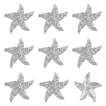 8Pcs 1-Hole Silver Plated Alloy Rhinestone Shank Buttons, Garment Accessories, Starfish, Crystal, 20.5x22.5x6.5mm, Hole: 2.3mm
