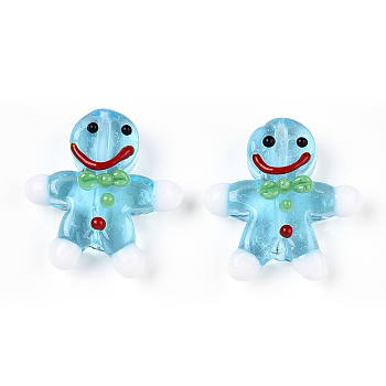 Gingerbread Man Handmade Lampwork Beads, Light Sky Blue, 27.5~28.5x23.5~24.5x7.5~8mm, Hole: 1.2mm