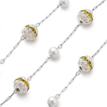 Handmade ABS Imitation Pearl & Rhinestone Round Chains, for Necklaces Bracelets Making, with 304 Stainless Steel Chains, Soldered, with Spool, Yellow, Link: 2.5x0.8x0.3mm, about 16.40 Feet(5m)/Roll