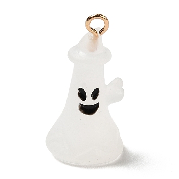 Halloween Theme Opaque Resin Pendants, with Light Gold Tone Alloy Findings, Ghost with Hat, WhiteSmoke, 21x11.5mm, Hole: 1.5mm