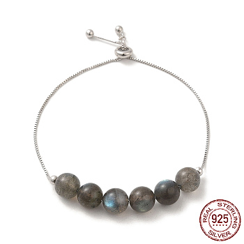 Rhodium Plated 925 Sterling Silver Slider Bracelets, with Natural Moonstone Round Beaded, with S925 Stamp, Real Platinum Plated, 8-5/8 inch(22cm)