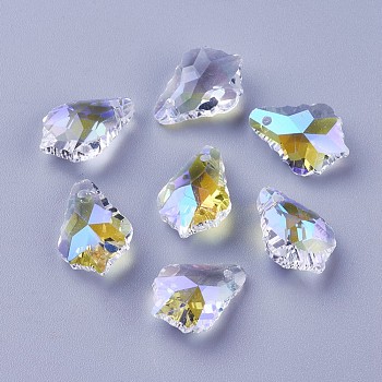 Faceted Glass Pendants, Leaf, Clear AB, 16x11x6mm, Hole: 1.5mm