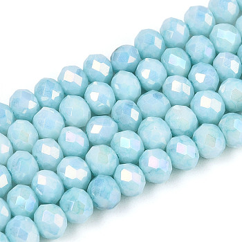 Anti-Tarnish Electroplate Rondelle Glass Beads Strands, Imitation Gemstone, AB Color Plated, Faceted, Sky Blue, 4~4.5x3~3.8mm, Hole: 0.9mm, about 105~107pcs/strand, 14.76~15.16''(37.5~38.5cm)
