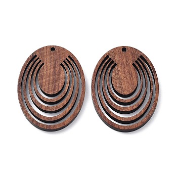 Walnut Wood Laser Cut Pendants, Hollow Charms, Undyed, Oval, 39.5x28x2.4mm, Hole: 1.6mm