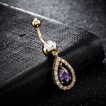 Piercing Jewelry, Brass Cubic Zirconia Navel Ring, Belly Rings, with 304 Stainless Steel Bar, Cadmium Free & Lead Free, Real 18K Gold Plated, teardrop, Purple, 43x12mm, Bar Length: 3/8"(10mm), Bar: 14 Gauge(1.6mm)