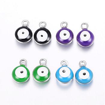 304 Stainless Steel Enamel Charms, Flat Round with Evil Eye, Stainless Steel Color, Mixed Color, 8.5x6x4mm, Hole: 1mm