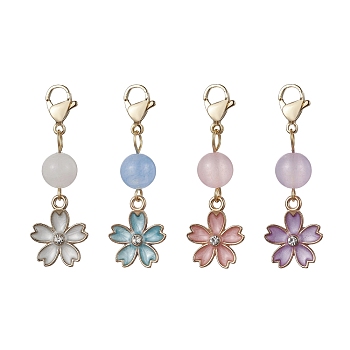 Alloy Enamel Flower Pendant Decorations, Natural Malaysia Jade Beads and Lobster Claw Clasps Charms, Mixed Color, 41mm