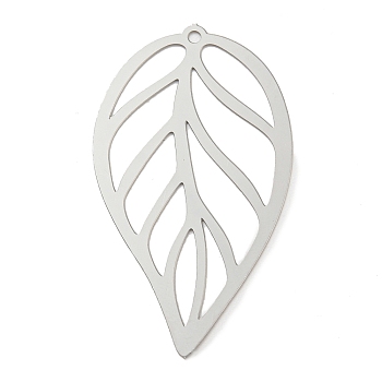 201 Stainless Steel Pendants, Etched Metal Embellishments, Leaf Charm, Stainless Steel Color, 35.5x20x0.2mm, Hole: 1.2mm