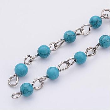 Handmade Synthetic Turquoise Beaded Chains, Unwelded, for Necklaces Bracelets Making, with Iron Eye Pin, Platinum, 39.37 inch, 1m/strand