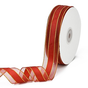 Solid Color Organza Ribbons, Golden Wired Edge Ribbon, for Party Decoration, Gift Packing, FireBrick, 1"(25mm), about 50yard/roll(45.72m/roll)