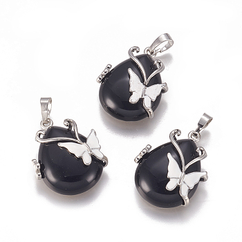 Natural Black Obsidian Pendants, with Enamel and Brass Findings, teardrop, with Butterfly, Platinum, 30x23.5x12mm, Hole: 10x6mm