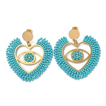 Heart with Eye Woven Glass & Brass Beaded Dangle Stud Earrings, with Vacuum Plating 304 Stainless Steel Pins, Dark Turquoise, 57x52mm
