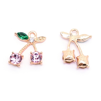 Alloy Rhinestone Pendants, Cadmium Free & Lead Free, Cherry, Light Gold, Light Rose, 19x15x5mm, Hole: 2mm