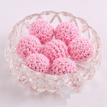 Handmade Woolen Macrame Wooden Pom Pom Ball Beads, for Baby Teether Jewelry Beads DIY Necklace Bracelet, Pearl Pink, 20mm