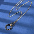 304 Stainless Steel Jet Rhinestone Double Rings Pendant Necklaces, Ion Plating(IP), Golden, 18.15 inch(46.1cm)(NJEW-V001-04G)
