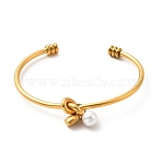 Ion Plating(IP) 304 Stainless Steel Love Knot Open Cuff Bangle, Heart & Acrylic Pearl Charms Torque Bangle for Women, Golden, Inner Diameter: 2-1/2 inch(6.2cm)(BJEW-P283-02G)