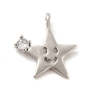 Star with Smiling Face Brass Micro Pave Clear Cubic Zirconia Pendants, Cadmium Free & Lead Free, Platinum, 17x16x2.8mm, Hole: 1.8mm(KK-G425-09P)