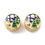 Christmas Brass Enamel European Beads, Large Hole Beads, Lead Free & Cadmium Free, Flat Round with Christmas Tree, Real 18K Gold Plated, 11x8.5mm, Hole: 4.2mm(KK-M247-25G)