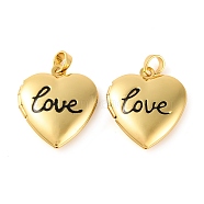 Rack Plating Brass Locket Pendant, with Enamel, Long-Lasting Plated, Heart with word Love, Real 18K Gold Plated, 23x19x5.5mm, Hole: 4x3mm, Inner Diameter: 13x11mm(KK-H486-15G)