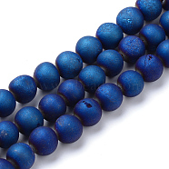 Electroplated Natural Druzy Geode Agate Bead Strands, Matte Style, Round, Blue Plated, 8~9mm, Hole: 1mm, about 46pcs/strand, 15.3 inch(X-G-R345-8mm-57)