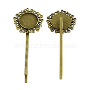 Flower Hair Bobby Pin Findings, Iron with Alloy Cabochon Bezel Settings, Cadmium Free & Nickel Free & Lead Free, Antique Bronze, 65x24x6mm, Flat Round Tray: 14mm(PALLOY-Q299-24AB-NR)