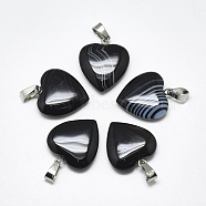 Natural Banded Agate/Striped Agate Pendants, Dyed, with Stainless Steel Snap On Bails, Heart, Stainless Steel Color, Black, 22~24x20~21x5~7mm, Hole: 3~4x7~8.5mm(G-T122-24D)