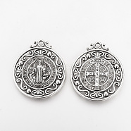 Tibetan Style Alloy Pendants, Flat Round, Cadmium Free & Lead Free, CssmlNdsmd Cross God Father Religious Christianity Pendant, Antique Silver, 45x40x3mm, Hole: 3mm, about 70pcs/1000g(TIBEP-Q078-01AS-RS)