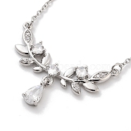 201 Stainless Steel Cable Chain Necklaces, Brass Clear Cubic Zirconia Leaf Teardrop Pendant Necklaces, Stainless Steel Color, 17.05 inch(43.3cm)(NJEW-L124-017P)