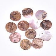 Spray Paint Natural Akoya Shell Pendants, Mother of Pearl Shell Pendants, Flat Round, Indian Red, 15x1~3mm, Hole: 1.5mm(SHEL-S274-75C-02)