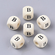 Printed Natural Wood Beads, Horizontal Hole, Cube with Initial Letter, PapayaWhip, Letter.B, 10x10x10mm, Hole: 3.5mm(WOOD-TAG0001-08B)