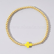 Brass Bead Stretch Bracelets for Women, with Plastic Cross, Yellow, 6-7/8 inch(17.5cm)(QZ0147-4)