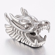 304 Stainless Steel European Beads, Large Hole Beads, Dragon Head, Stainless Steel Color, 28.5x15x17mm, Hole: 4mm(STAS-F150-099P)