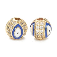 Brass Micro Pave Cubic Zirconia Charms, with Enamel,  Long-Lasting Plated, Flat Round with Evil Eye, Real 18K Gold Plated  , Blue, 8mm, Hole: 2mm(X-ZIRC-A019-16G-A02)