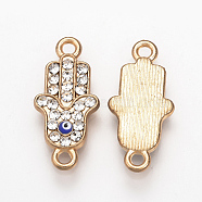 Alloy Rhinestone Links connectors, Enamel Style, Hamsa Hand/Hand of Fatima/Hand of Miriam with Evil Eye, Blue, Light Gold, 20x9x2mm, Hole: 1mm(ALRI-T004-10LG)