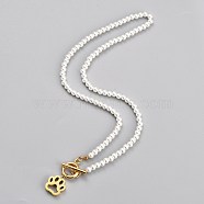 304 Stainless Steel Pendant Necklaces, with Acrylic Imitation Pearl Round Beads and Toggle Clasps, Dog Paw Print, White, Golden, 18.07 inch(45.9cm)(NJEW-B0001-12G)