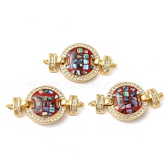 Rack Plating Brass Micro Pave Cubic Zirconia Flat Round Connector Charms, with Enamel & Shell, Real 18K Gold Plated, Long-Lasting Plated, Lead Free & Cadmium Free, FireBrick, 15x28x4mm, Hole: 1.4mm(KK-K385-100G-01)