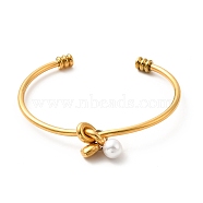 Ion Plating(IP) 304 Stainless Steel Love Knot Open Cuff Bangle, Heart & Acrylic Pearl Charms Torque Bangle for Women, Golden, Inner Diameter: 2-1/2 inch(6.2cm)(BJEW-P283-02G)