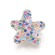Brass Micro Pave Cubic Zirconia Slider Charms, Long-Lasting Plated, Lead Free & Cadmium Free & Nickel Free, Starfish/Sea Stars, Colorful, Real Platinum Plated, 15x15.5x7mm, Hole: 10.5x4mm(ZIRC-L078-072P-NR)