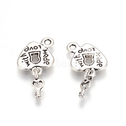 Tibetan Style Alloy Pendants, Heart Padlock with Key and Word Made with Love, Antique Silver, 22.5x11x3mm, Hole: 1.5mm(PALLOY-E477-05AS)