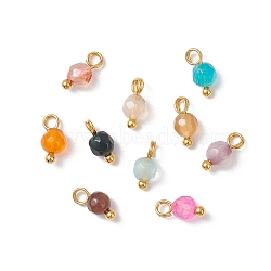 Natural Agate(Dyed & Heated) Faceted Round Charms, with Brass Loops, Mixed Color, Golden, 8~8.5x4mm, Hole: 2mm(PALLOY-JF04286-01)